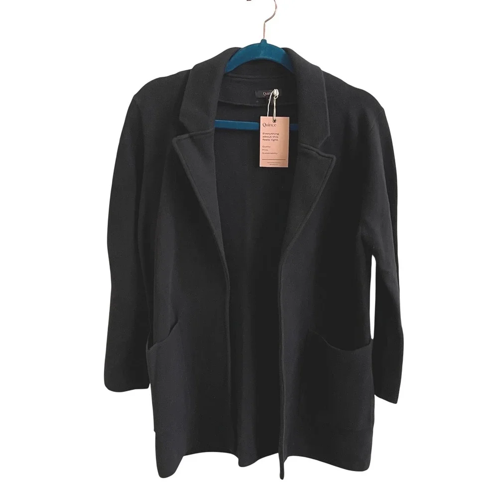 Quince Organic Cotton Knit Blazer Womens S Black Minimalist Open Front Jacket